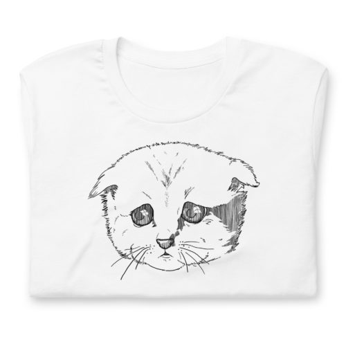 a white t-shirt with a drawing of a sad cat with the words I'm Not a Cat. Designed by Kenny Velez.