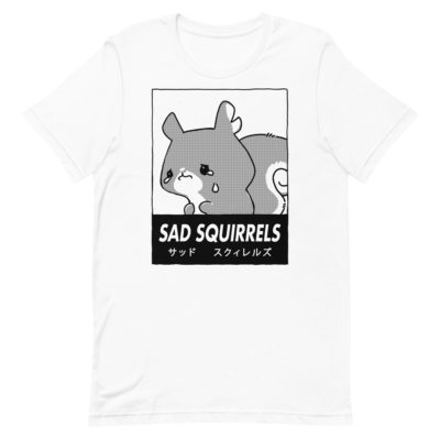 a White t-shirt with anime manga Sad Squirrels drawing and Japanese writing