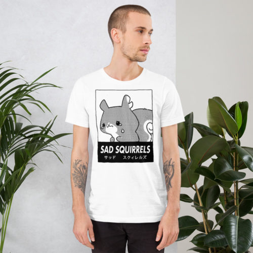 a guy wearing a White t-shirt with anime manga Sad Squirrels drawing and Japanese writing