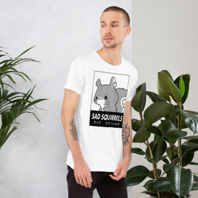 a guy wearing a White t-shirt with anime manga Sad Squirrels drawing and Japanese writing