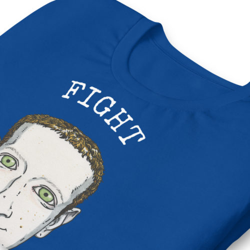 A blue shirt with A creepy drawing of Mark Zuckerberg with the words FIGHT ME. Referencing the fight between the billionaires Elon Musk and Mark Zuckerberg