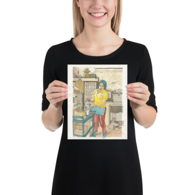 a woman holding a print of a watercolor illustration of a female restaurant worker pouring a milkshake like Vermeer's Milkmaid
