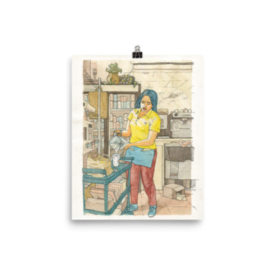 a print of a watercolor illustration of a female restaurant worker pouring a milkshake like Vermeer's Milkmaid