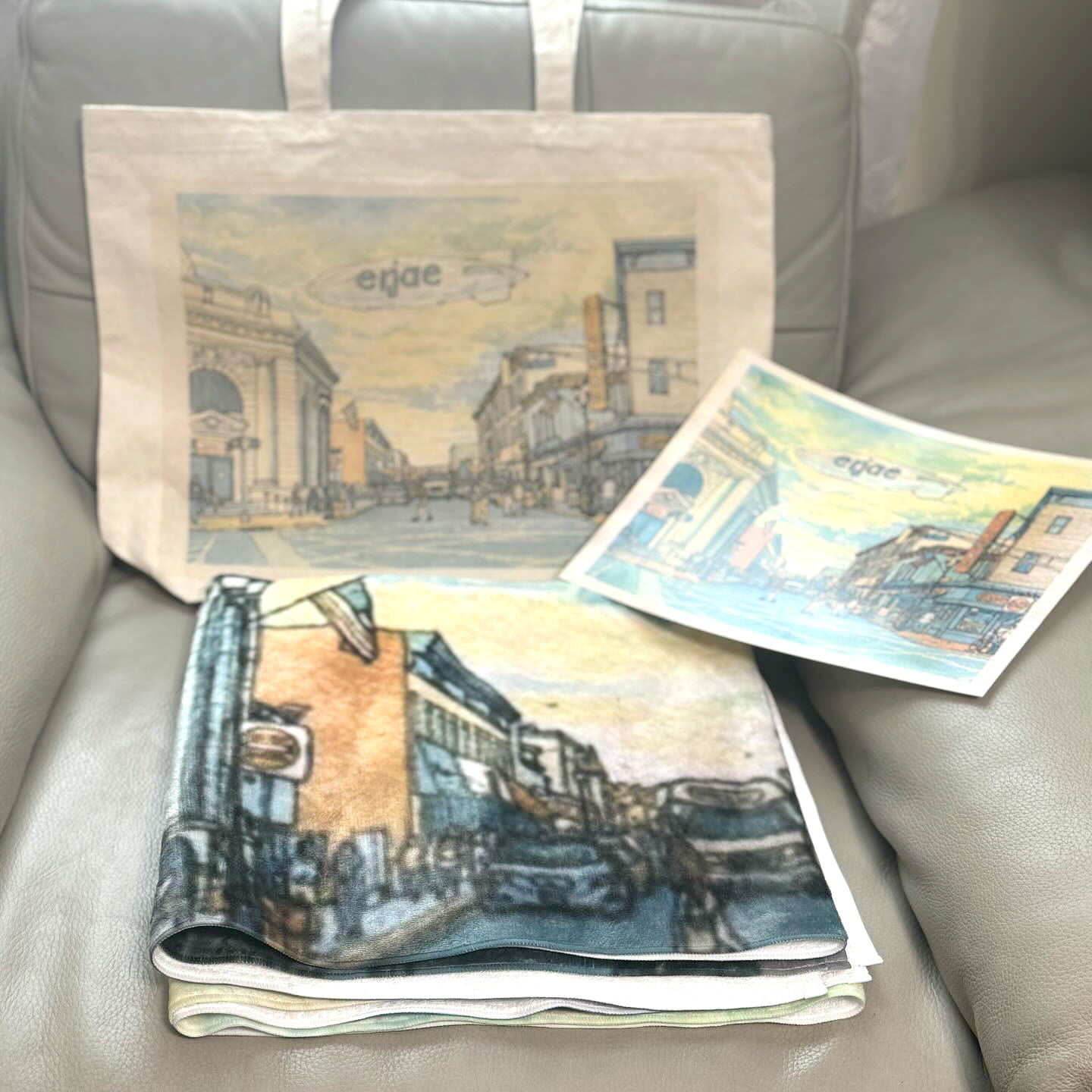 Tote bag, print, and Towel Enjae Kenny Velez Bergenline Union City Collab