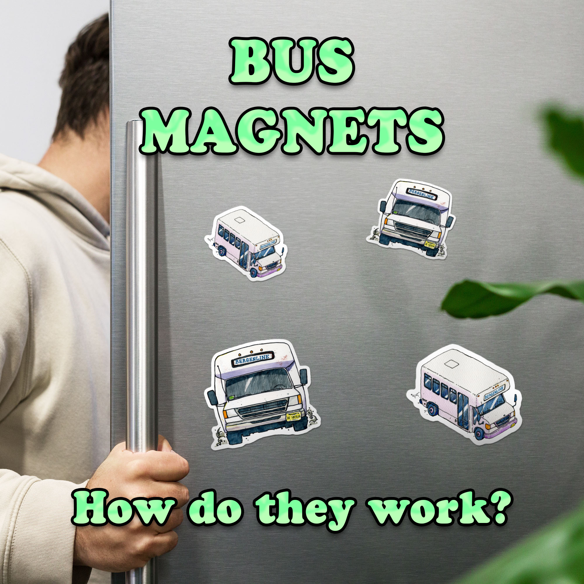 Graphic showing Bergenline bus magnates on a refrigerator door. Text reads, BUS MAGNETS. How do they work?