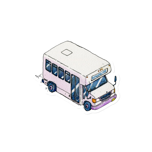 A magnet of an isometric illustration of a Bergenline jitney dollar bus from Union City, NJ. Designed by Kenny Velez