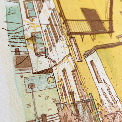 Closeup of watercolor and pen painting of an abandoned building and a dog walker in Union City, New Jersey.