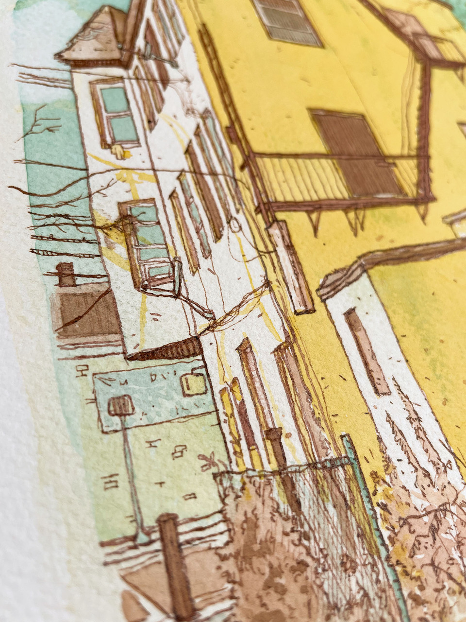 Closeup of watercolor and pen painting of an abandoned building and a dog walker in Union City, New Jersey.