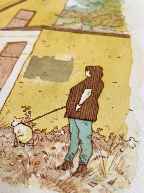 Closeup of watercolor and pen painting of an abandoned building and a dog walker in Union City, New Jersey.