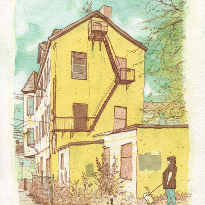 Watercolor and Pen painting of an abandoned building and a dog walker in Union City, New Jersey.