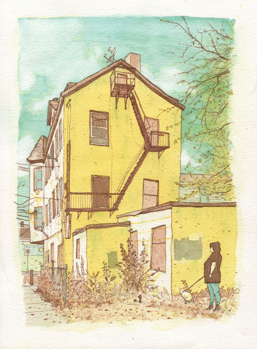 Watercolor and Pen painting of an abandoned building and a dog walker in Union City, New Jersey.