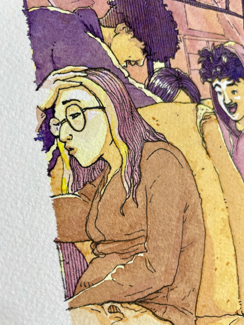 Closeup of a watercolor and pen painting of people inside a Bergenline Jitney bus.