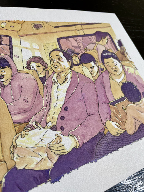 Closeup of a watercolor and pen painting of people inside a Bergenline Jitney bus.