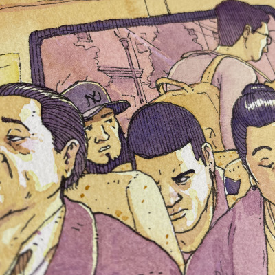 Closeup of a watercolor and pen painting of people inside a Bergenline Jitney bus.