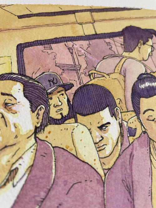 Closeup of a watercolor and pen painting of people inside a Bergenline Jitney bus.