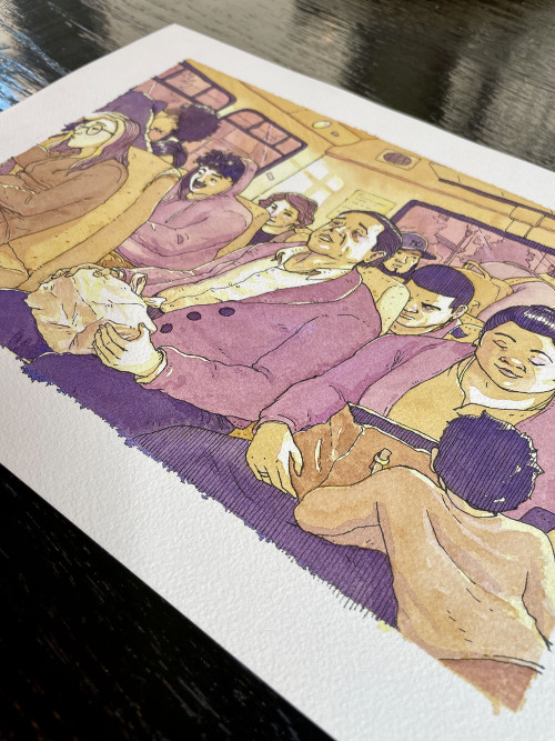 Closeup of a watercolor and pen painting of people inside a Bergenline Jitney bus.