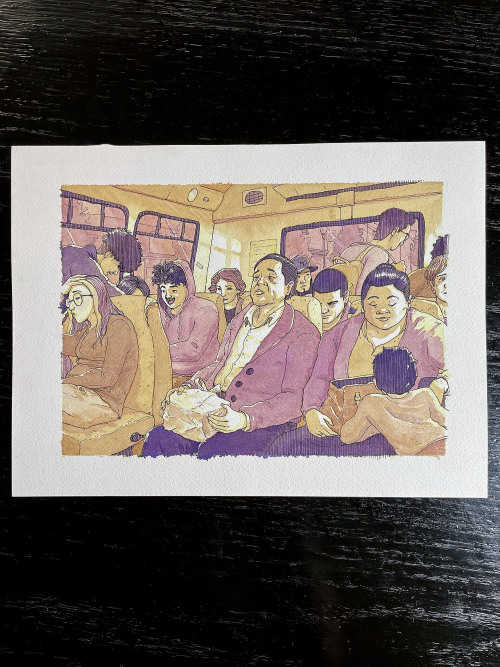 Watercolor and pen painting of people inside a Bergenline Jitney bus.