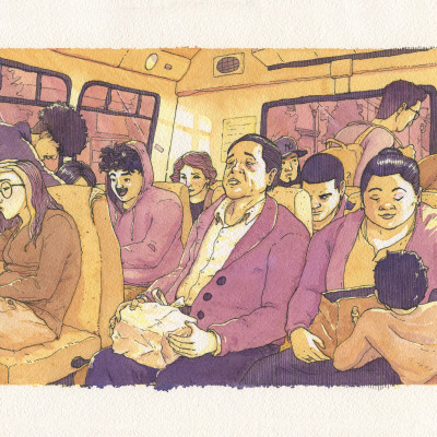 Watercolor and Pen painting of people inside a Bergenline Jitney bus.