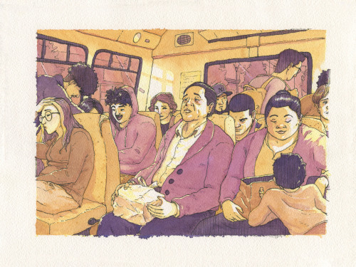 Watercolor and Pen painting of people inside a Bergenline Jitney bus.