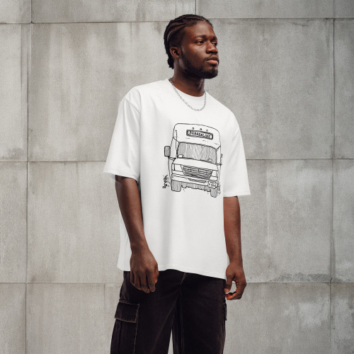 Bergenline Jitney Bus Black and White Oversized Heavyweight T-Shirt - Image 3