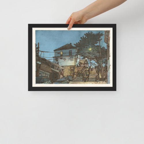 Framed print of an illustration of 66th St in West New York, NJ. Illustrated by Kenny Velez