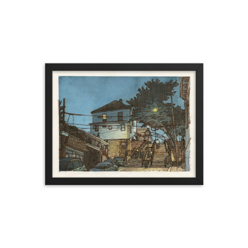 Framed print of an illustration of 66th St in West New York, NJ. Illustrated by Kenny Velez