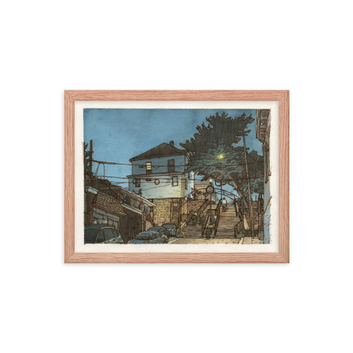 Framed print of an illustration of 66th St in West New York, NJ. Illustrated by Kenny Velez