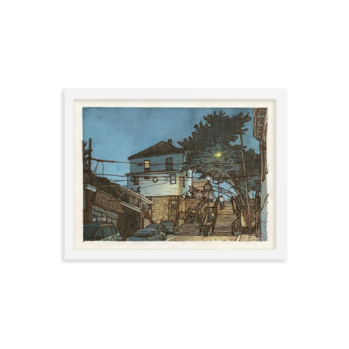 Framed print of an illustration of 66th St in West New York, NJ. Illustrated by Kenny Velez