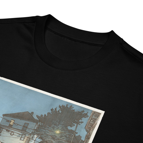 Black shirt of an illustration of 66th St in West New York, NJ. Illustrated by Kenny Velez