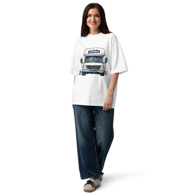 a woman with a white t-shirt with a drawing of a Bergenline jitney dollar bus from Union City, NJ. Designed by Kenny Velez