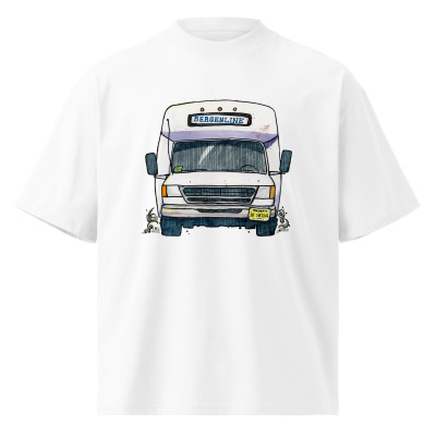 a white t-shirt with a drawing of a Bergenline jitney dollar bus from Union City, NJ. Designed by Kenny Velez