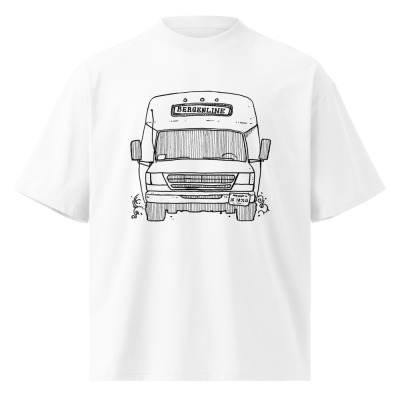 a white t-shirt with a drawing of a Bergenline jitney dollar bus from Union City, NJ. Designed by Kenny Velez