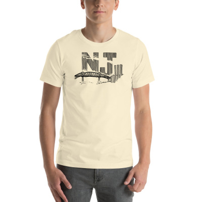 A man wearing a natural colored t-shirt with a line drawing of the Pulaski Skyway and Kearny power plant with the initials NJ. Designed by Kenny Velez.